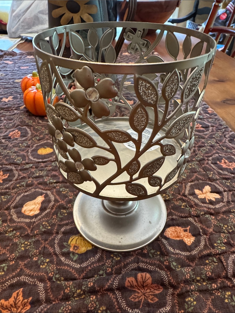 Decorative Floral Pedestal Candle Holder - Metallic Silver
